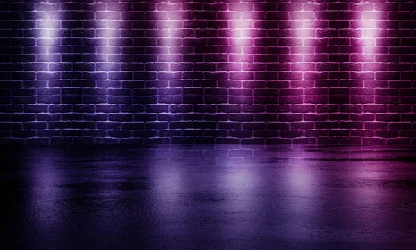 Hintergrund des leeren Raumes mit Ziegelmauer und Betonboden. Rauch, Nebel, Neonlicht — Stockfoto