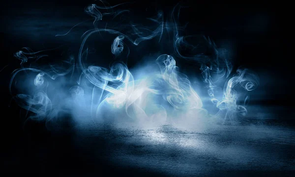 Background of an empty dark room. Empty walls, lights, smoke, glow, rays