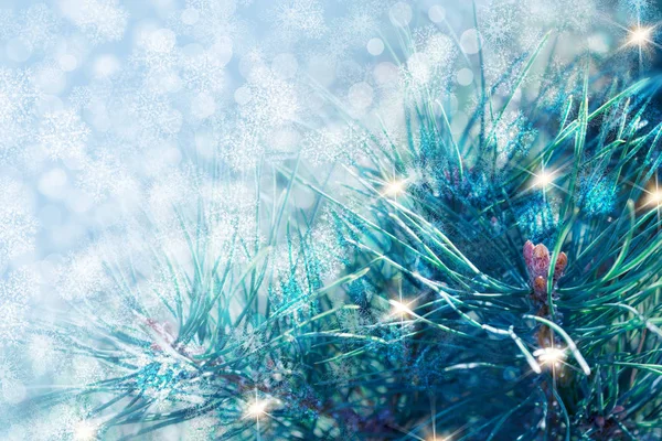 Fondo Navidad Con Ramas Abeto Brillo Copos Nieve Bokeh — Foto de Stock