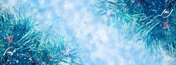 Weihnachten Hintergrund Mit Tannenzweigen Glühen Schneeflocken Und Bokeh — Stockfoto