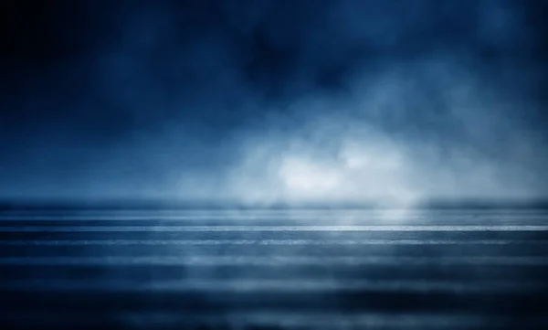 Background of an empty dark room. Empty walls, neon light, smoke, glow