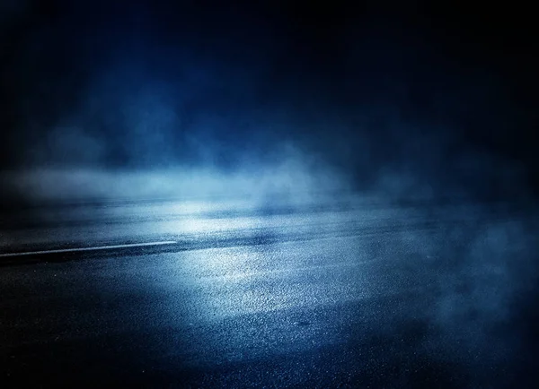 Background of an empty dark room. Empty walls, neon light, smoke, glow