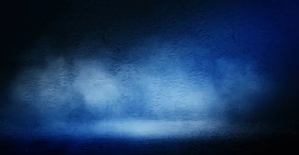 Background of empty dark room with concrete floor. Empty walls, neon light, smoke.