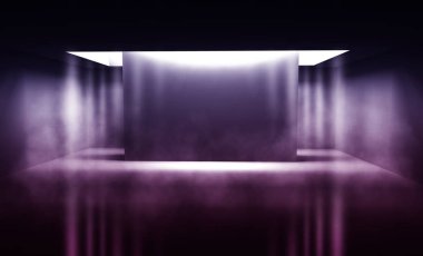 Arka plan beton zemin ile boş karanlık odası. Boş duvarlar, neon ışık, duman.