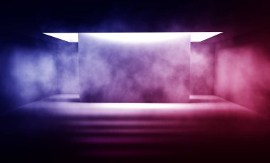 Arka plan beton zemin ile boş karanlık odası. Boş duvarlar, neon ışık, duman.