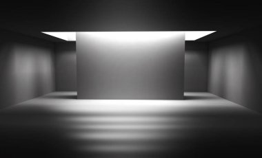 Arka plan beton zemin ile boş karanlık odası. Boş duvarlar, neon ışık, duman.