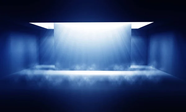 Background of empty dark room with concrete floor. Empty walls, neon light, smoke.