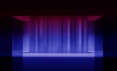 Arka plan beton zemin ile boş karanlık odası. Boş duvarlar, neon ışık, duman.