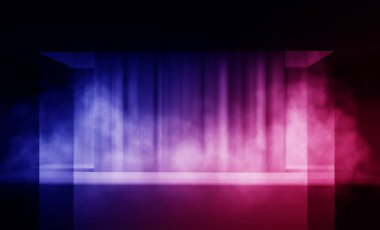 Arka plan beton zemin ile boş karanlık odası. Boş duvarlar, neon ışık, duman.