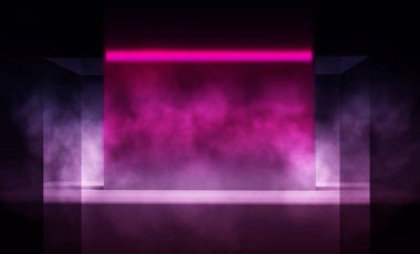 Arka plan beton zemin ile boş karanlık odası. Boş duvarlar, neon ışık, duman.