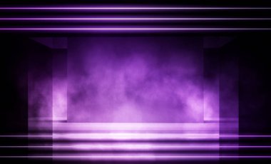 Arka plan beton zemin ile boş karanlık odası. Boş duvarlar, neon ışık, duman.