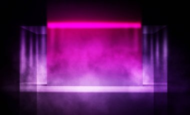 Arka plan beton zemin ile boş karanlık odası. Boş duvarlar, neon ışık, duman.