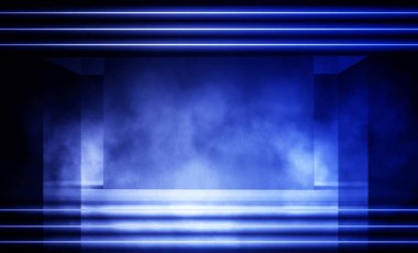 Arka plan beton zemin ile boş karanlık odası. Boş duvarlar, neon ışık, duman.