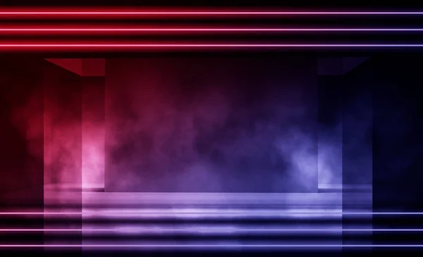 Background of empty dark room with concrete floor. Empty walls, neon light, smoke.