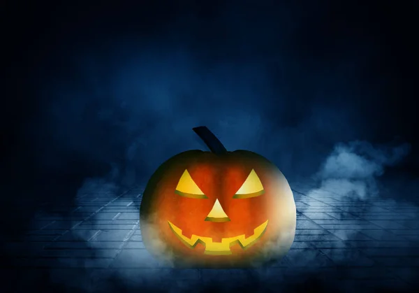 Sfondo Scuro Halloween Zucca Incandescente Pavimento Cemento Con Nebbia Smog — Foto Stock