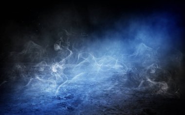 gece, beton zemin ve duvarlar, neon ışık, sis, duman, duman, boş odanın arka plan