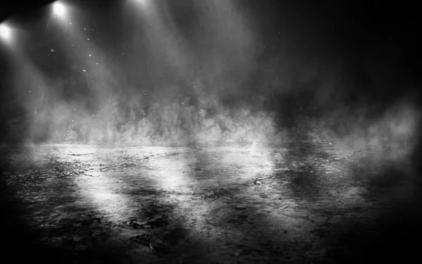 Фон Пустого Помещения Ночью Бетонные Полы Стены Неоновый Свет Туман — стоковое фото