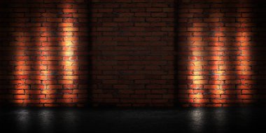 Arka plan boş tuğla duvar, beton zemin, neon ışık, projektör ışınları, duman, duman