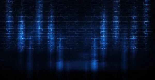 Background of empty brick wall, concrete floor, neon light, searchlight rays, smoke, smog