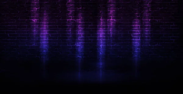 Background of empty brick wall, concrete floor, neon light, searchlight rays, smoke, smog