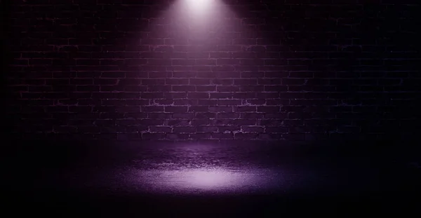 Arka plan boş tuğla duvar, beton zemin, neon ışık, projektör ışınları, duman, duman