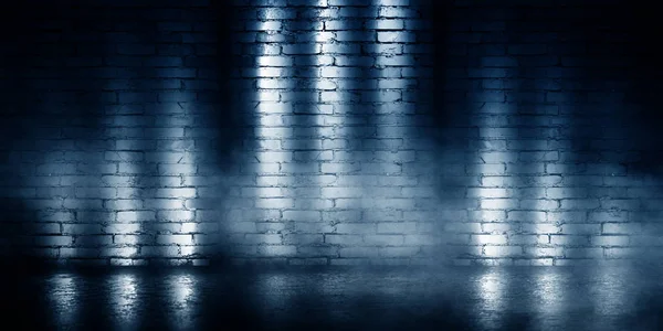 Background of empty brick wall, concrete floor, neon light, searchlight rays, smoke, smog