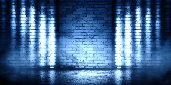 Background of empty brick wall, concrete floor, neon light, searchlight rays, smoke, smog