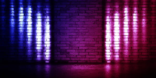 Background of empty brick wall, concrete floor, neon light, searchlight rays, smoke, smog