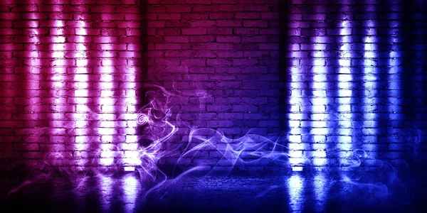 Background of empty brick wall, concrete floor, neon light, searchlight rays, smoke, smog