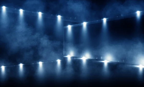 background of empty room, lamps, neon light, smoke, fog,