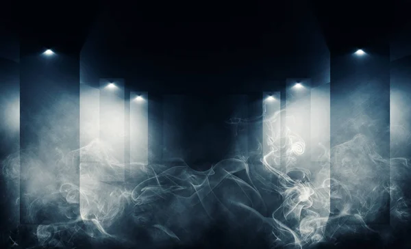 Hintergrund Einer Leeren Halle Mit Säulen Neonlicht Rauch Smog — Stockfoto