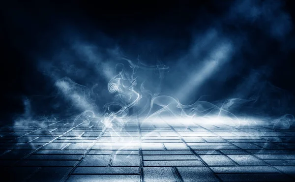 Background of empty dark street. Concrete floor, asphalt, lights, smoke, glow