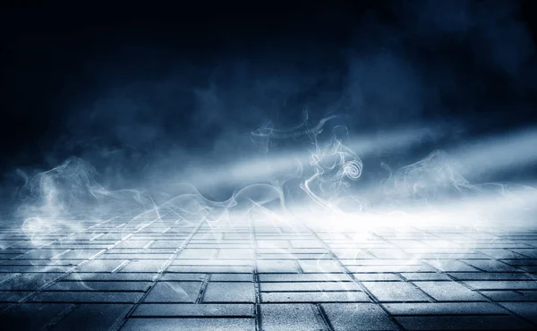 Background of empty dark street. Concrete floor, asphalt, lights, smoke, glow
