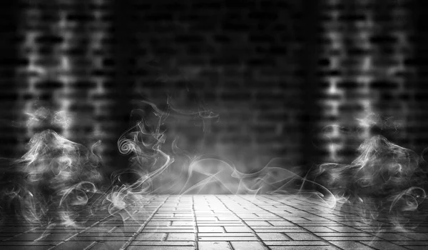 Brick Wall Background Street Lights Neon Light Smoke — Stock Photo, Image