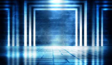 Tuğla duvar arka plan, sokak ışıkları, neon ışık, duman