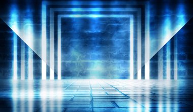 Tuğla duvar arka plan, sokak ışıkları, neon ışık, duman