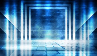 Tuğla duvar arka plan, sokak ışıkları, neon ışık, duman