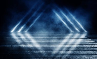 Arka plan boş karanlık oda, sokak. Beton zemin, asfalt, neon ışık, duman, spot