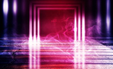 Arka plan boş karanlık oda, sokak. Beton zemin, asfalt, neon ışık, duman, spot