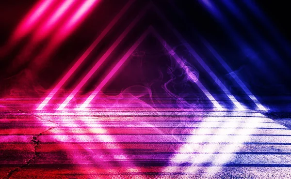 Background of empty dark room, street. Concrete floor, asphalt, neon light, smoke, spotlight