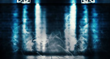 Tuğla duvarlar ve beton zemin ile karanlık bir odada arka plan. Neon ışık, spot, duman, sis, duman