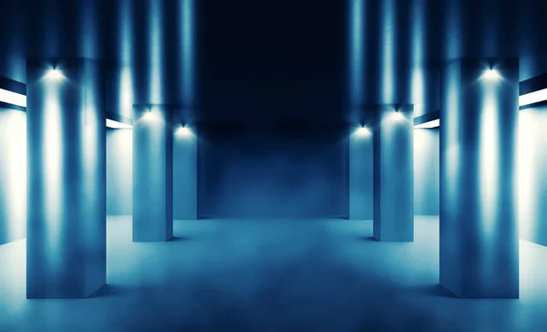 background of empty dark room at night, lamps, neon light, smoke, fog, rays of searchlight