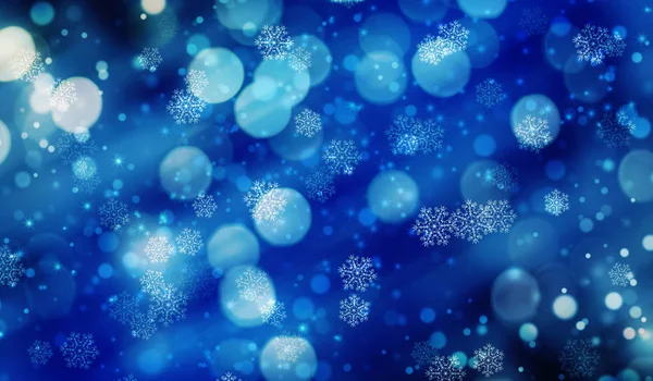 Natal Festivo Fundo Azul Com Bokeh Brilho Luzes Flocos Neve — Fotografia de Stock