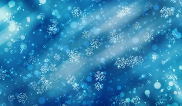 Natal Festivo Fundo Azul Com Bokeh Brilho Luzes Flocos Neve — Fotografia de Stock