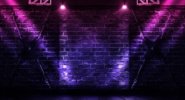 Background Dark Room Brick Walls Concrete Floor Neon Light Spotlight — Stock Photo, Image