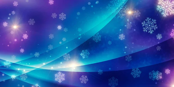 Fête Noël Fond Bleu Avec Bokeh Lueur Lumières Flocons Neige — Photo