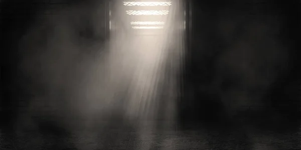 Background of an empty corridor, open elevator doors, brick walls, searchlight light, smoke, smog