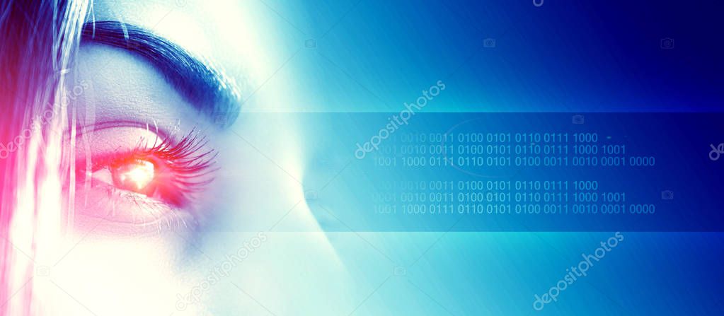 Biometric scan of a close-up of the female eye. The concept of modern virtual reality