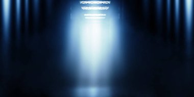 Arka plan boş tuğla duvar ve bir diğeriyse Asansör kapı. Neon ışık, spot, duman, duman