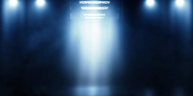 Arka plan boş tuğla duvar ve bir diğeriyse Asansör kapı. Neon ışık, spot, duman, duman